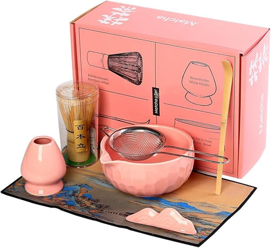 7-Piece Matcha Whisk Set, Pink Ceramic Matcha Bowl with Unique Diamond Design, Bamboo Whisk, Scoop, Sifter & Tea Towel - Complete Matcha Kit for Tea Lovers (Pink Gift Box)