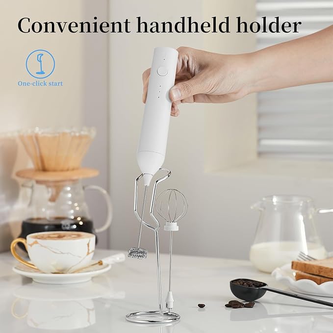Powerful Electric Milk Frother Set, Rechargeable Drink Blender with Wand and Egg Whisk, Foam Maker Mixer, Milk Frother Handled for Coffee, Latte, Matcha, Protein Powder (White with Stand)