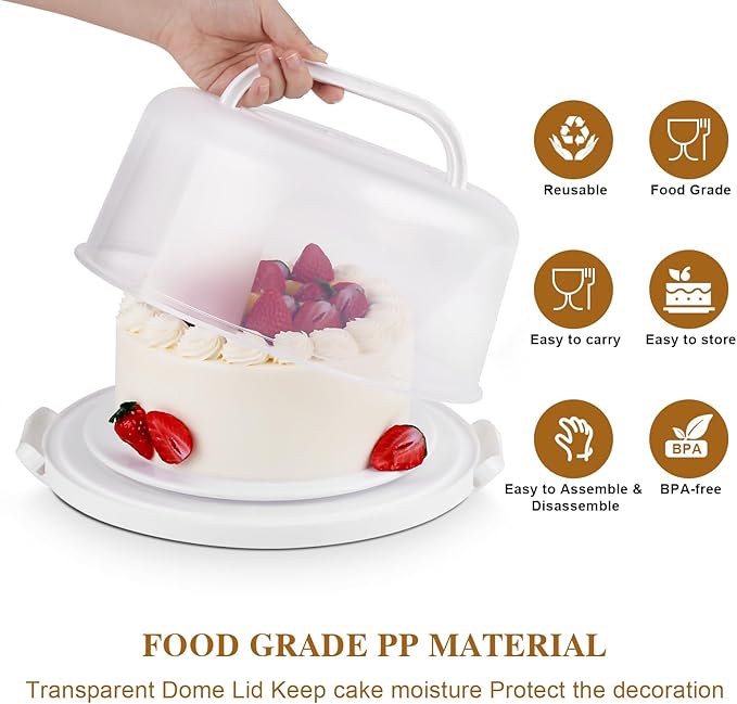 Cake Carrier with Lid and Handle, Multipurpose Cake Stand Fits 10 inch Cake, Cupcake Containers for 11 Cupcakes，Cake Holder Serves as Five Section Serving Tray, Portable Cake Carriers, White