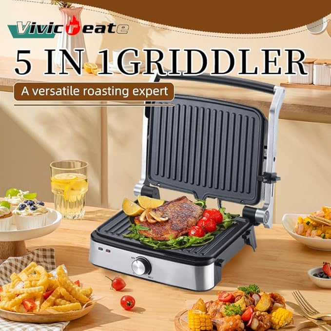 Vivicreate 5-in-1 Contact Grill Stainless Steel Panini Press Nonstick Electric Grill Adjustable Temperature Removable Plates Portable for Sandwiches Steak Chicken Breakfast eléctrica prensa de panini