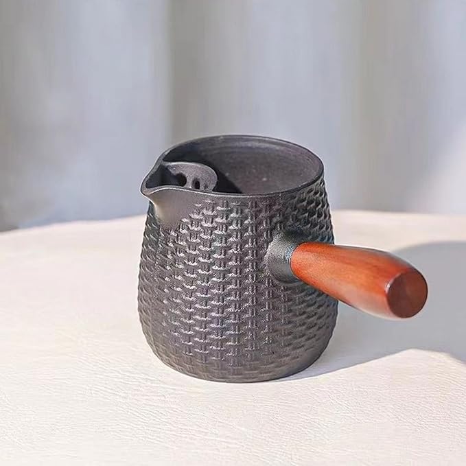 Handcrafted Cast Iron Teapot for Open Flame Brewing - Side Handle Tea Kettle for Milk Tea, Boiling, and Steeping - Traditional Tea Set (Bamboo Weaving)