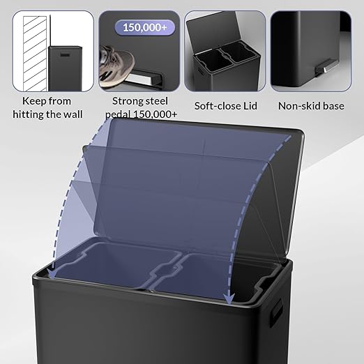 GarveeHome Step Dual Trash Can, 60 L/16 gal Recycle Bins with Lid, 2 Removable Wastebusket, Step Pedal, Large Stainless Steel Double Trash Bin for Kitchen, Bathroom