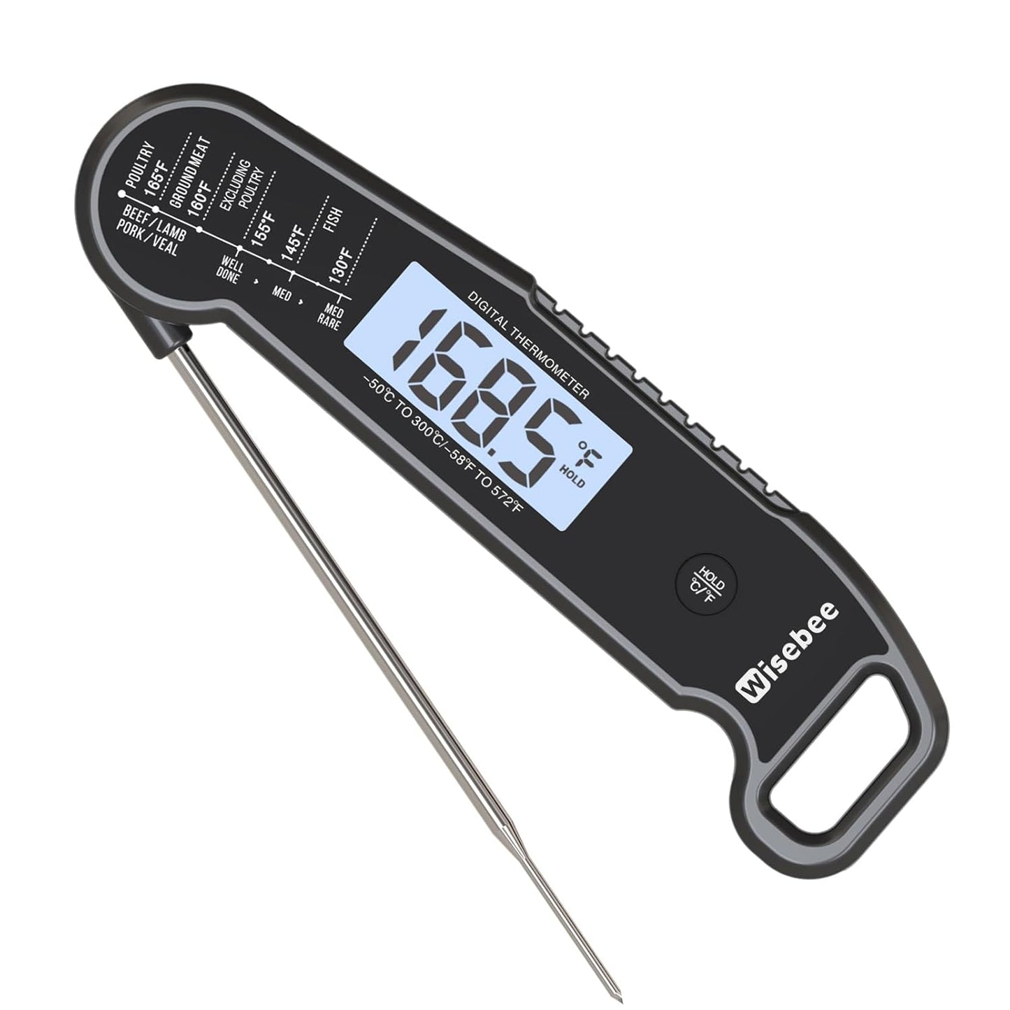 Wisebee Meat Thermometer Digital, 0.5 Sec Instant Read Waterproof Food Thermometer with 180°Auto-Rotate Backlit Display | Anti-Slip Handle | Magnetic Back | Hold Function for Cooking, Black