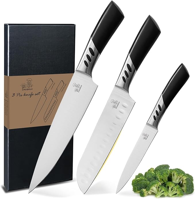 3PCS High Carbon Stainless Steel Kitchen Knife Set - 8" Chef Knife, 7" Santoku Knife, 5" Utility Knife | Sharp, Rust-Resistant Cooking Knives for Home Kitchen, BBQ| Ideal Gift for Cooks