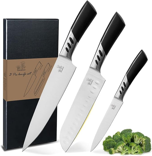 3PCS High Carbon Stainless Steel Kitchen Knife Set - 8" Chef Knife, 7" Santoku Knife, 5" Utility Knife | Sharp, Rust-Resistant Cooking Knives for Home Kitchen, BBQ| Ideal Gift for Cooks