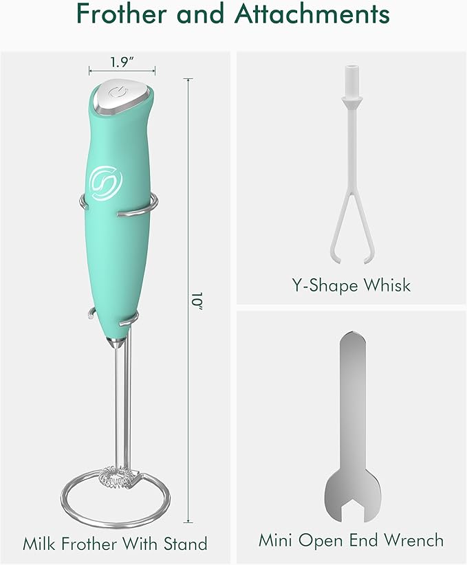 Milk Frother With Stand Milk Frother Wand Coffee Frother Handheld Drink Mixer Handheld with 2 Whisks Electric Whisk Stirrers Electric Milk Frother for Coffee Mixer Wand Milk Foamer-Aqua