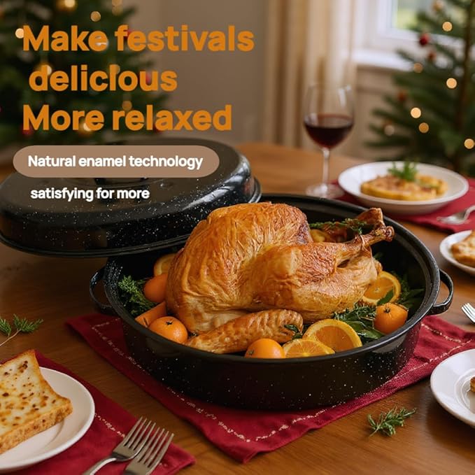 Large Roasting Pan with Lid and Rack 19"Granite Turkey Roaster Pan Set Enameled Steel Design Suitable for Turkey Versatile Cooking Barbecuing,Dishwasher Safe Cookware Holiday Gifts