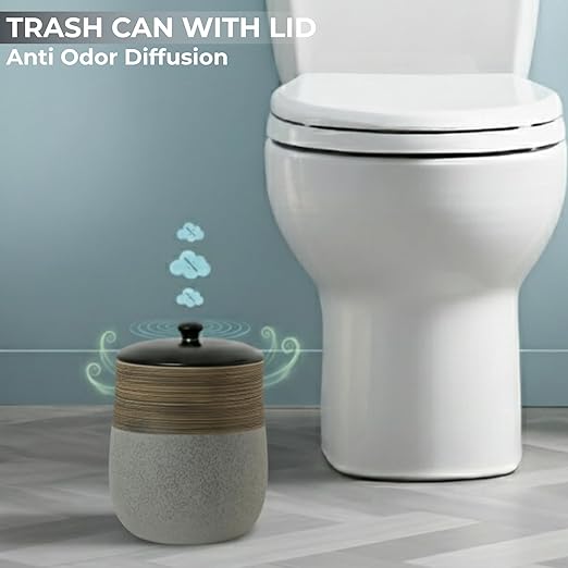 Escenzy Vintage Grey Bathroom Trash Can with Lid 5L | 7" x 10" | Decorative Small Garbage Can | Ceramic Waste Basket for Bathroom, Bedroom, Kitchen, Hotels or Living Room Decor | Modern Restroom Decor