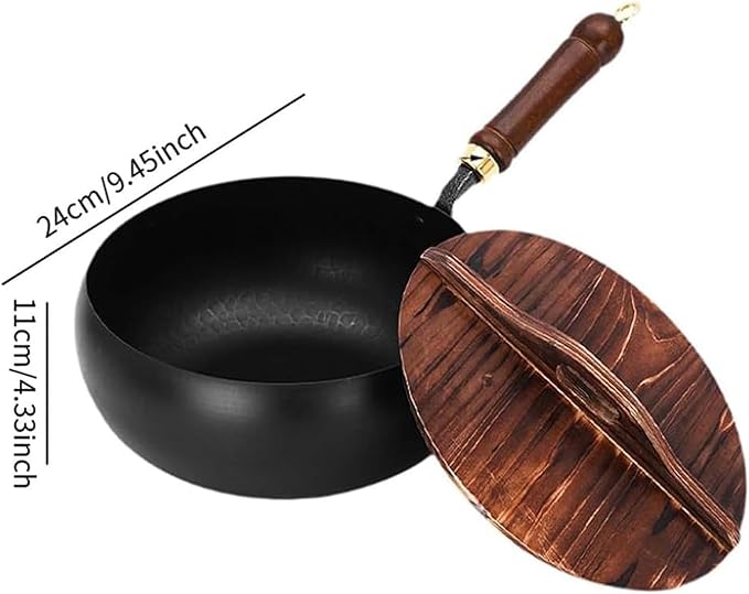 Jinswhdre Cast Iron Skillet, 9.5/11in Jinswhdre Japanese Irons Pan, Hand Forged Uncoated Iron Pan with Lid Spatula, Non-stick Wok for Cooker Gas Stir Fry Pans Durable and Rust-Free (Wooden Lid,10.2in)