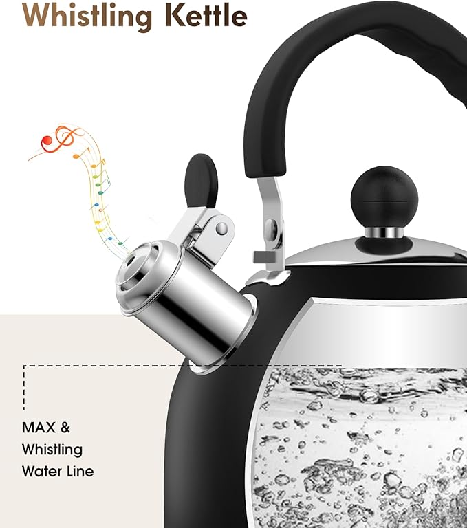 Premium Stainless Steel Tea Kettle for Stove Top - 2 Quart Capacity, Efficient Heating, Audible Whistle, Safe Handle - Ideal for Hot Water & Tea(black)