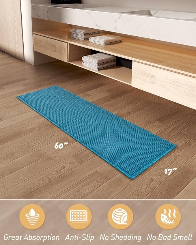 AMOAMI Upgraded Waffle Runner Rug Super Absorbent Non Slip Bath Mats for Bathroom Machine Washable Bathroom Runner Rug with Tassels, Ideal for Hallway Bedroom Laundry Room, 17" x 60", Teal
