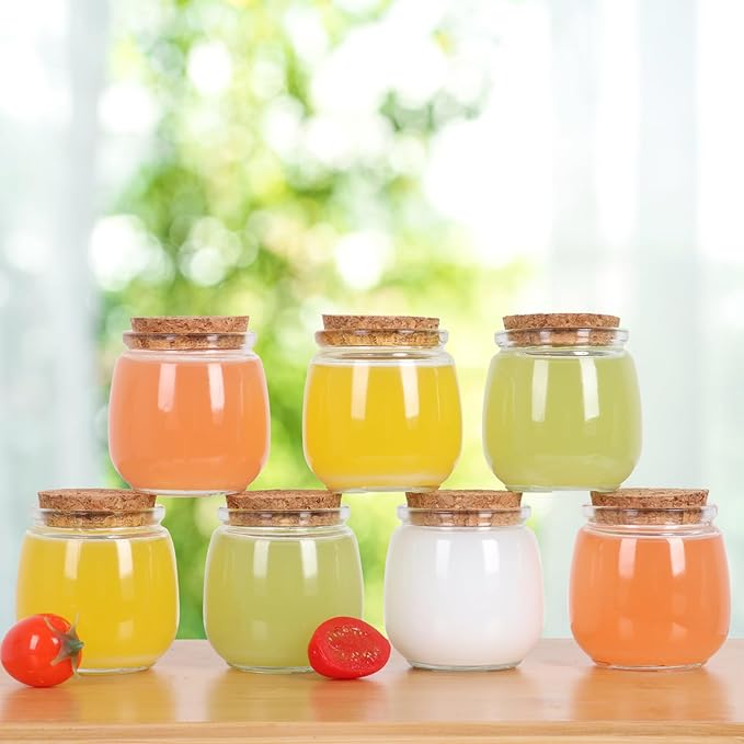 40 Pack 7 oz Glass Yogurt Jars with Cork Lids and PE Lids, Small Glass Pudding Jars, Glass Jars for Wedding Favors, Milk, Jams and DIY Gift, Label, Tags and Twine included