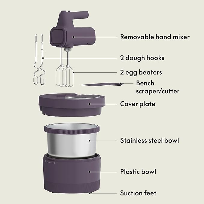 bella 3.5 Qt Hand & Stand Mixer, 2 in 1 Electric Mixer with Bowl, Dough Hook, Whisk & Egg Beater, Multifunctional Handheld Blender & Mixer for Baking, 200 Watt, Plum