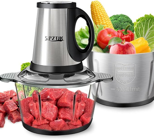 3-Speed Electric Food Processor: Meat Grinder, Vegetable Chopper & Baby Food Maker - 300W, 2 Bowls (8 Cup Stainless Steel+8 Cup Glass), Quiet Operation