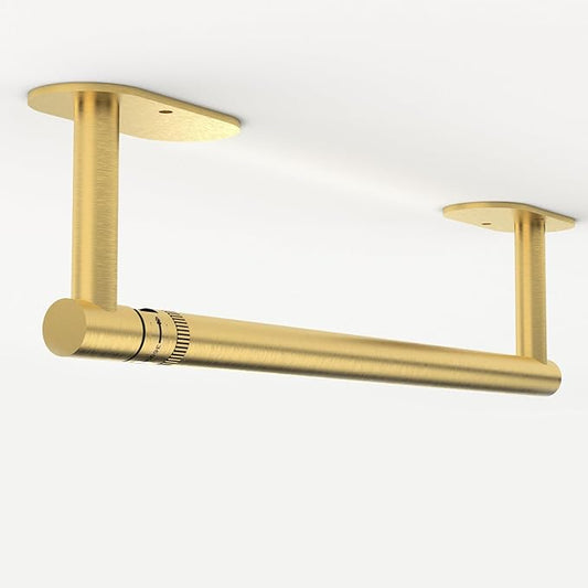 Ruacq Brushed Gold Paper Towel Holder Double Post Pivoting Round Base Under Cabinet Paper Towel Holder for Kitchen Self-Adhesive or Drill mounting