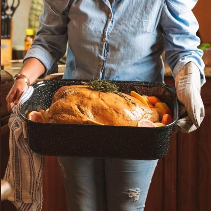 Granite Ware 21-Inch Covered Rectangular Roaster - Enamel Steel Cookware, Nonstick & Chemical-Free, Dishwasher Safe - 25 Lb Capacity, Large Roasting Pan for Meats, Poultry, Vegetables (Speckled Black)