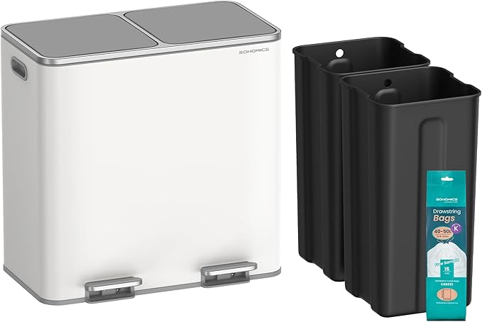 SONGMICS Trash Can, 2 x 10.6 Gallon (2 x 40 L) Garbage Can for Kitchen, with 15 Trash Bags, 2 Compartments, Plastic Inner Buckets and Hinged Lids, Airtight, White and Gray ULTB730W80
