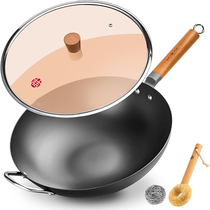 WANGYUANJI 14.2" Flat-Bottom Iron Wok with Glass Lid, Uncoated Stir-Fry Pan, Rapid-Heating Refined Iron, Induction/Gas/Electric Compatible, Wooden Handle (Seasoning Required)
