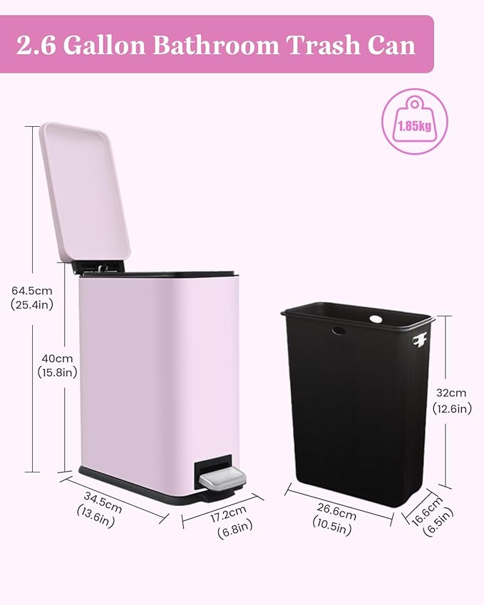 Bathroom Trash Can, 10L/2.6 Gallon Stainless Steel Slim Garbage Can, Pedal Trash Bin with Removable Liner Bucket, Soft Close Lid, Rectangle Trash Bin for Office, Kitchen, Bedroom, Pink