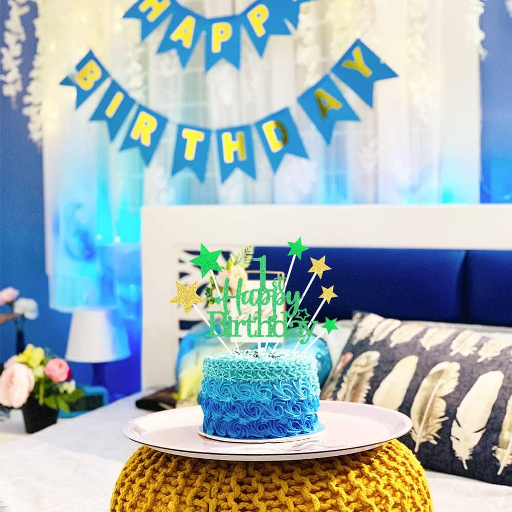 Glittery 1st Happy Birthday Cake Topper with Star,Personalised 1 Birthday Cake Toppers Party Decorations Party Supplies for Baby Boys Girls Green Gold