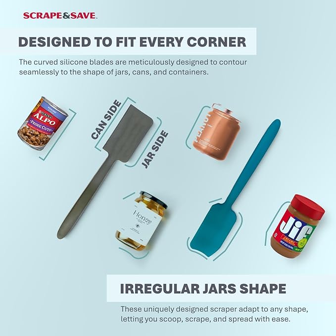TWO Food Saving, Fast Kitchen Scrapers that Get ALL Food Out of Cans and Jars, esp. corners and bottoms. For peanut butter, mayonnaise, tomato paste, purées, etc. Dishwasher-safe. (Turquoise/Slate)