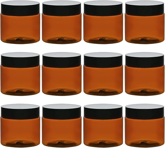 TUZAZO 2 Oz Amber Plastic Cosmetic Jars Leak Proof Small Container with lids for Cream, Lotion, Powder, Ointments, Beauty Products, 12 Pcs