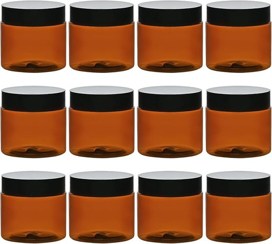 TUZAZO 2 Oz Amber Plastic Cosmetic Jars Leak Proof Small Container with lids for Cream, Lotion, Powder, Ointments, Beauty Products, 12 Pcs