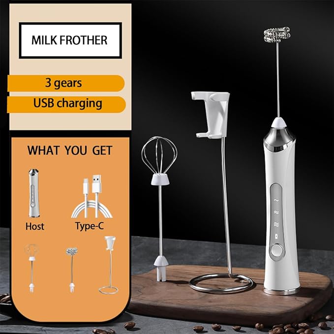 Rechargeable Milk Frother Handheld For Coffee,3 Speeds Frother Wand With Stand, Batidora De Mano Electrica,Coffee Frother With 2 Heads,Drink Mixer Electric Handheld,Kitchen Essentials (White 1)