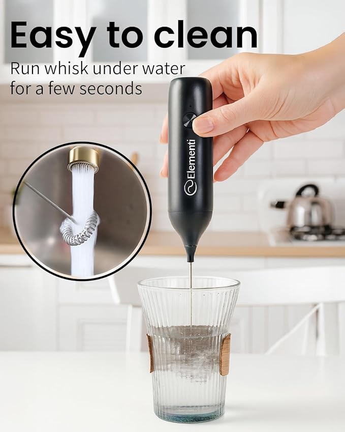 Elementi Milk Frother Wand Rechargeable Drink Mixer - Powerful USB-C Rechargeable Frother & Coffee Mixer Wand - Hand Held Milk Foamer Whisk to Make Perfect Cappuccinos, Lattes & Drink Mixes (Black)