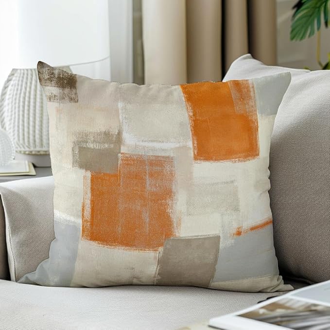 Orange and Grey Abstract Art Artwork Pillow Cover, Gallery Modern Decorative Throw Pillows Cushion Cover for Bedroom Sofa Living Room 22 x 22 Inch Set of 2