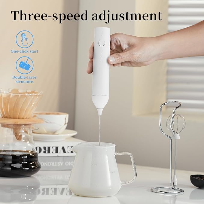 Powerful Electric Milk Frother Set, Rechargeable Drink Blender with Wand and Egg Whisk, Foam Maker Mixer, Milk Frother Handled for Coffee, Latte, Matcha, Protein Powder (White with Stand)