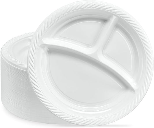 PLASTICPRO 9 inch Round Plastic Plates 3 Compartment - 3 Section Plates Microwaveable, Disposable, White, Dinnerware 200 Count