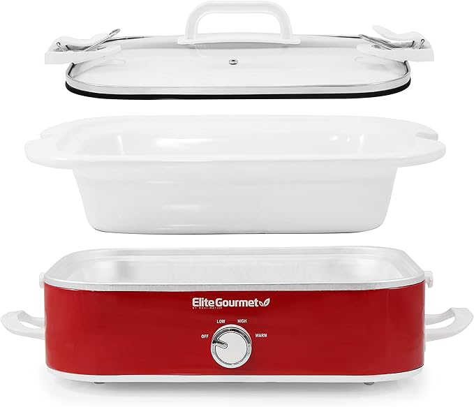 Elite Gourmet MST-5240 Casserole Crock Slow Cooker, Locking Lid Adjustable Temperature Keep Warm Oven & Dishwasher-Safe Casserole Pan, 3.5Qt Capacity, Red