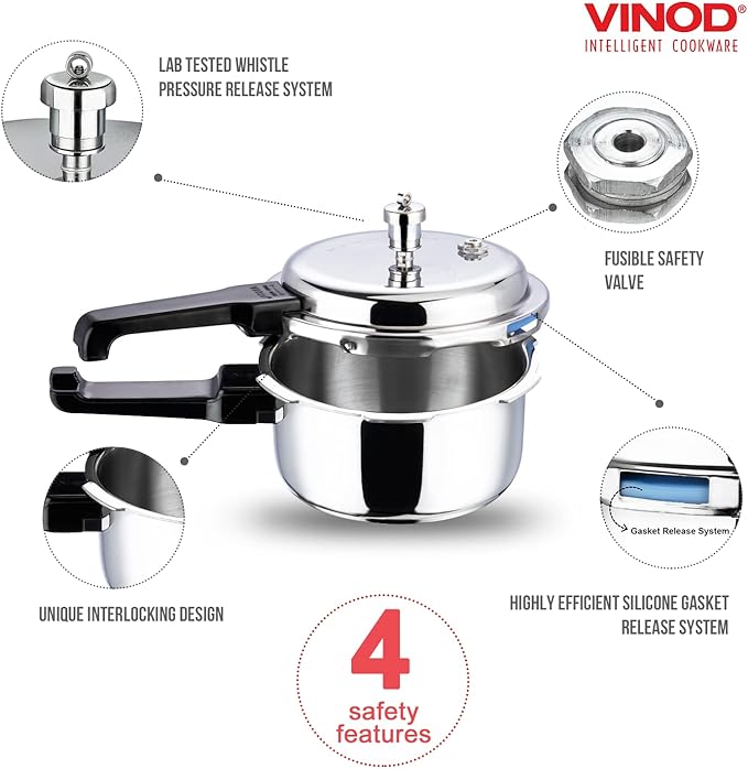 Vinod Pressure Cooker Stainless Steel – Outer Lid - 3 Liter – Induction Base Cooker – Indian Pressure Cooker – Sandwich Bottom – Best Used For Indian Cooking, Soups, and Rice Recipes, Quinoa