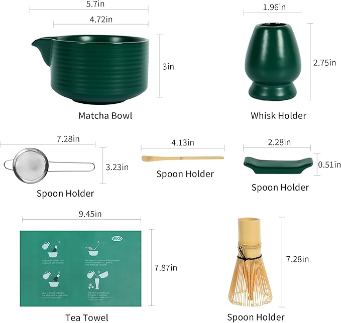 Matcha Sets, Japanese Matcha Kit with Dark Green Bowl, Bamboo Whisk for Matcha Tea, Ceramic Holder, Stainless Sifter & Scoop, Tea Towel, Traditional Matcha Tea Set for Ceremony, 7Pcs