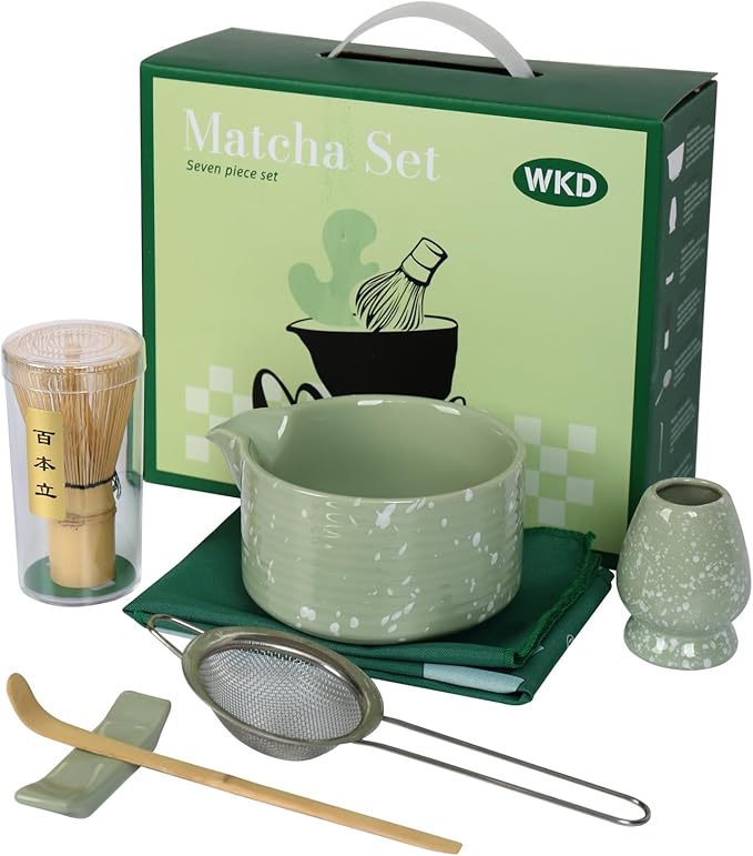 Matcha Whisk Set, 7 PCS Japanese Tea Set Includes Matcha Bowl with Spout, Whisk & Holder, Bamboo Scoop, Stainless Sifter, Towel, Ceramic Matcha Kit Making Tools, Gift for Matcha Lovers, green