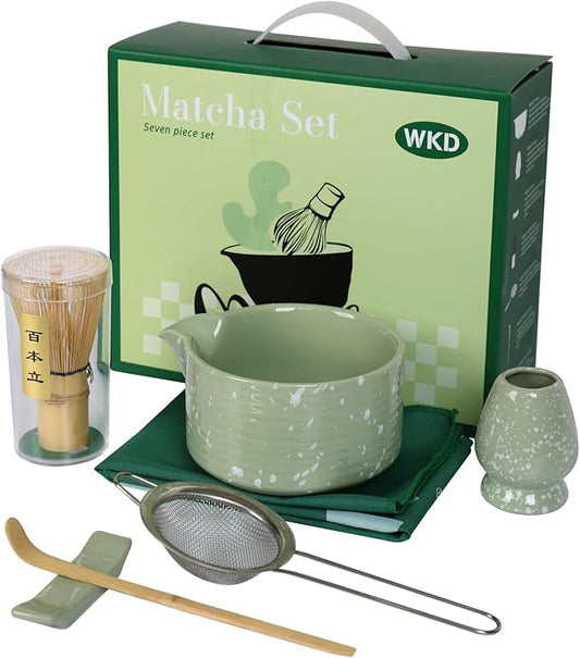 Matcha Whisk Set, 7 PCS Japanese Tea Set Includes Matcha Bowl with Spout, Whisk & Holder, Bamboo Scoop, Stainless Sifter, Towel, Ceramic Matcha Kit Making Tools, Gift for Matcha Lovers, green