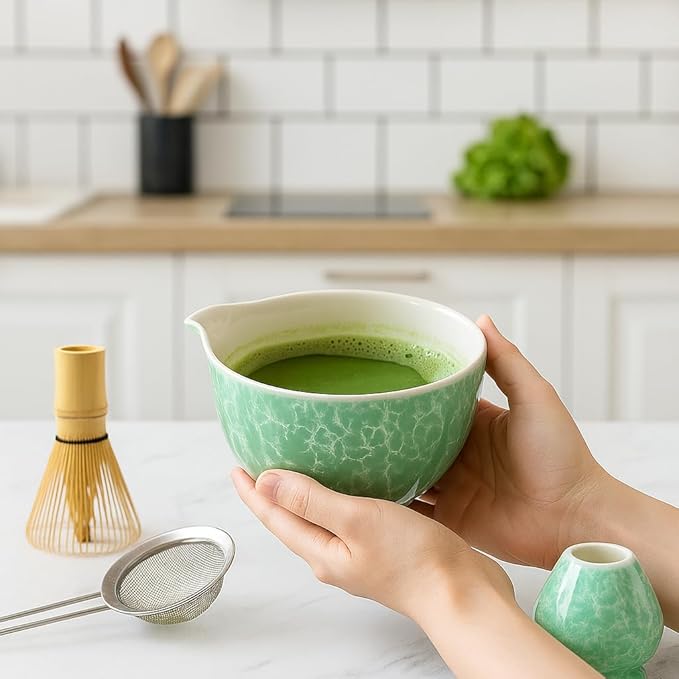 Matcha Whisk Set, 2025 New Ceramic Matcha Set Includes Matcha Bowl, Bamboo Scoop,Sifter, Whisk and Holder- 5 Pcs Kit for Matcha Lovers (Emerald Green)