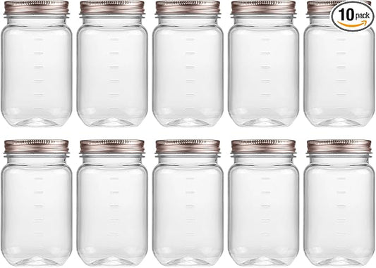 novelinks 16 oz Clear Plastic Jars with Screw-On Lids - BPA-Free Refillable Storage Containers for Slime, Food, Crafts, Kitchen & Household Use (10 Pack,Rose Gold)
