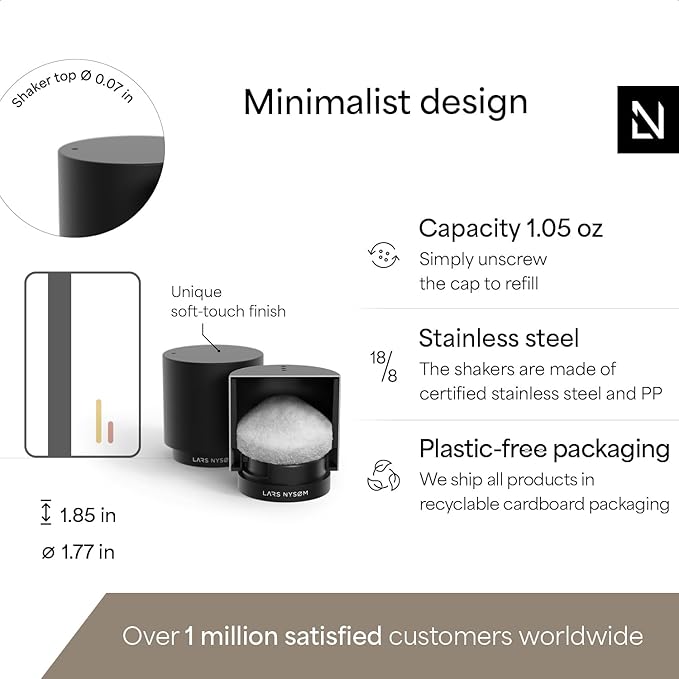 LARS NYSØM Mini Salt and Pepper Shakers Set | Stainless Steel Salt and Pepper Shakers with Modern Minimalist Design, Easy Refill, Small Size (Carbon Black)