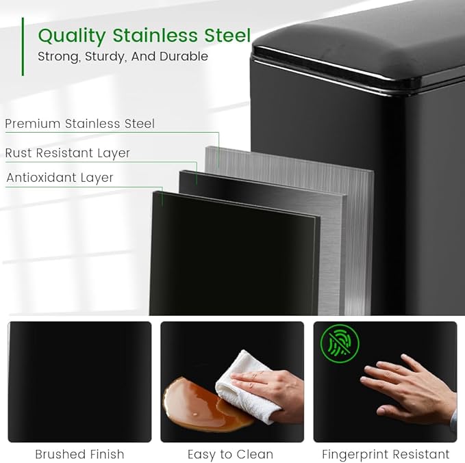 12 Gallon Slim Trash Can with Lid，45 Liter Kitchen Garbage Can,Black Stainless Steel Step Bin for Narrow Spaces with Soft-Close Lid, Inner Bucket, and Step-on Pedal