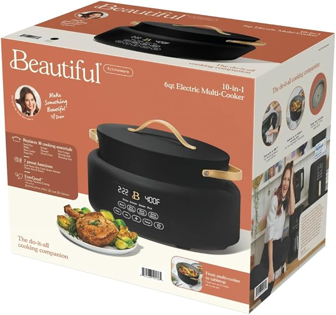 Beautiful 10-in-1 Electric Multi-Cooker by Drew Barrymore, 6-quart, digital display, 10 cooking functions, non-stick pot, easy one-touch control (Black Sesame)