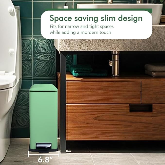 Bathroom Trash Can, 2.6 Gallon Green Trash Can with Soft-Close Lid, Pedal Bin, Inner Buckert, Slim Garbage Can for Home, Kitchen, Laundry Room, Office, Bedroom, Bathroom.