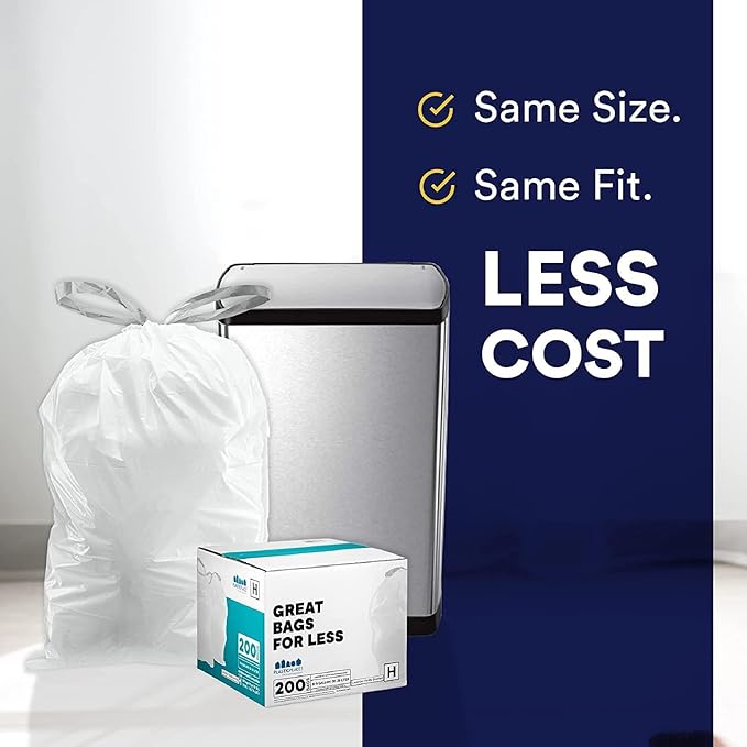 Plasticplace Custom Fit Trash Bags Compatible with simplehuman Code Q (200 Count) Drawstring Garbage Bags 13-17 Gallon White, Tear-Resistant Tall Kitchen Trash Bags for Garbage Cans Recycling 1.2 Mil