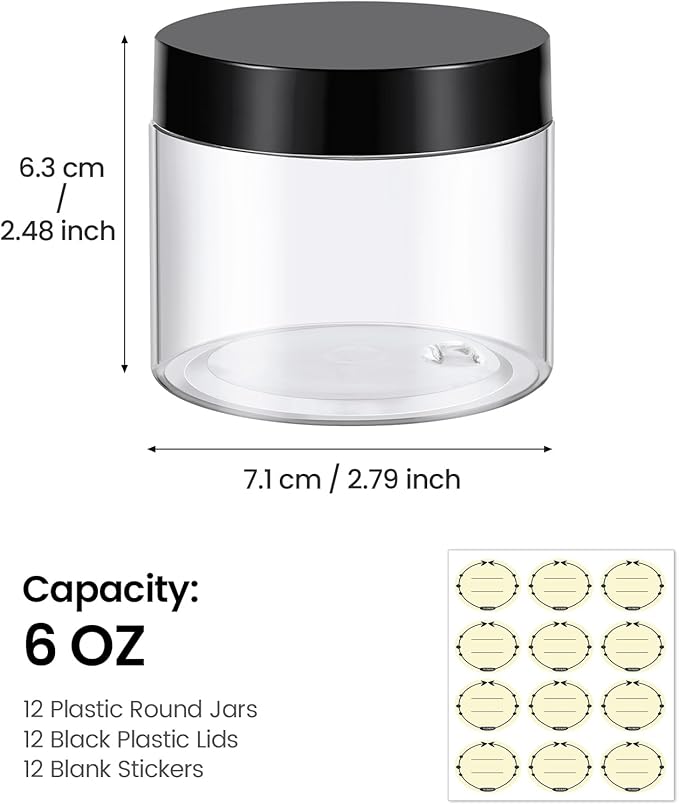 TUZAZO 6 Oz Plastic Container Jars with Lids and Labels BPA Free, Empty Round Clear Cosmetic Containers Plastic Slime Jars for Lotion, Cream, Ointments, Body Butter, Makeup, Travel Storage (12 Pack)