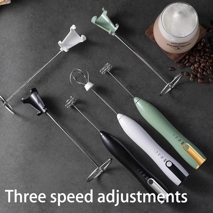 Ruciko Rechargeable 3-Speed Electric Milk Frother,Stainless Steel,Mini Handheld.Quick Type-C Charging for Lattes,Coffee,Egg Whipping & Hot Choc.With Double-Layer Frothing Head & Stand.(black)
