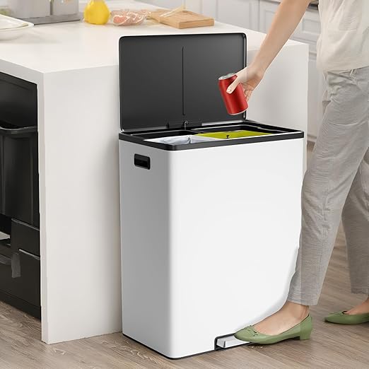 GarveeHome Step Dual Trash Can, 60 L/16 gal Recycle Bins with Lid, 2 Removable Wastebusket, Step Pedal, Large Stainless Steel Double Trash Bin for Kitchen, Bathroom
