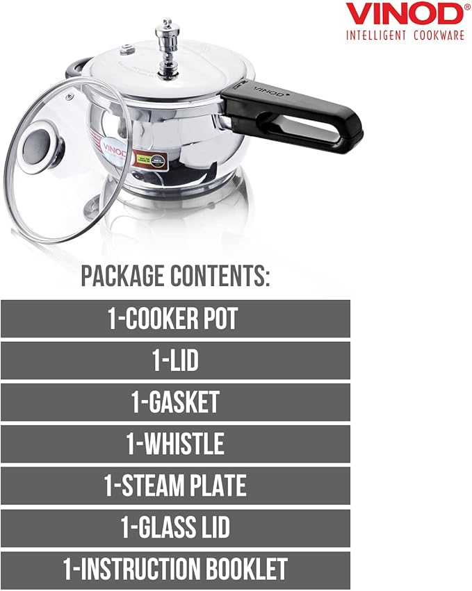 Vinod Pressure Cooker Stainless Steel – Glass Lid Handi Pot - 6.5 Liter – Indian Pressure Cooker – Stove Top Sandwich Bottom – Best Used For Indian Cooking, Soups, and Rice Recipes, Quinoa