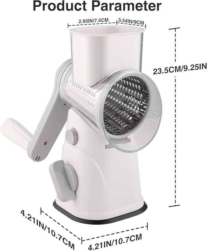 Rotary Cheese Grater, Kitchen Mandoline Vegetable Cheese Shredder with 3 Interchangeable Blades, Easy to Clean Rotary Grater Slicer with Handle,Kitchen Grater Grinder for Cutting Cheese,Vegetable,Nuts