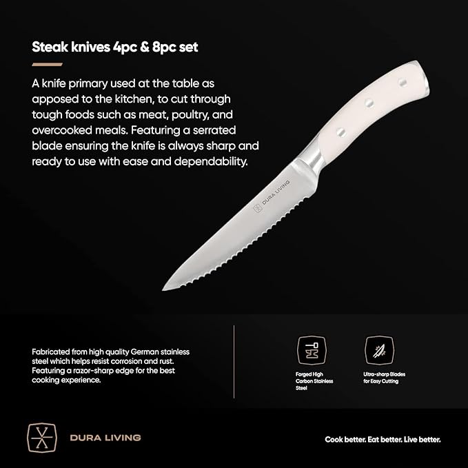 DURA LIVING 8-Piece Serrated Kitchen Steak Knife Set – Forged High Carbon Stainless Steel, Ultra Sharp, Ergonomic Black Handles, Durable Dinner Knives, Cream Handle